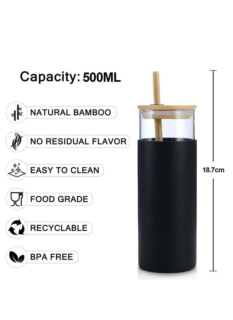 Beauenty Tumbler with Lid and Straw, 500ml Glass Tumbler with Silicone Protective Sleeve Glass Cups with Bamboo Lids Straw Cute Can Shaped Glass Water Bottle for Water, Iced Coffee, Tea (Black)  - Image 3
