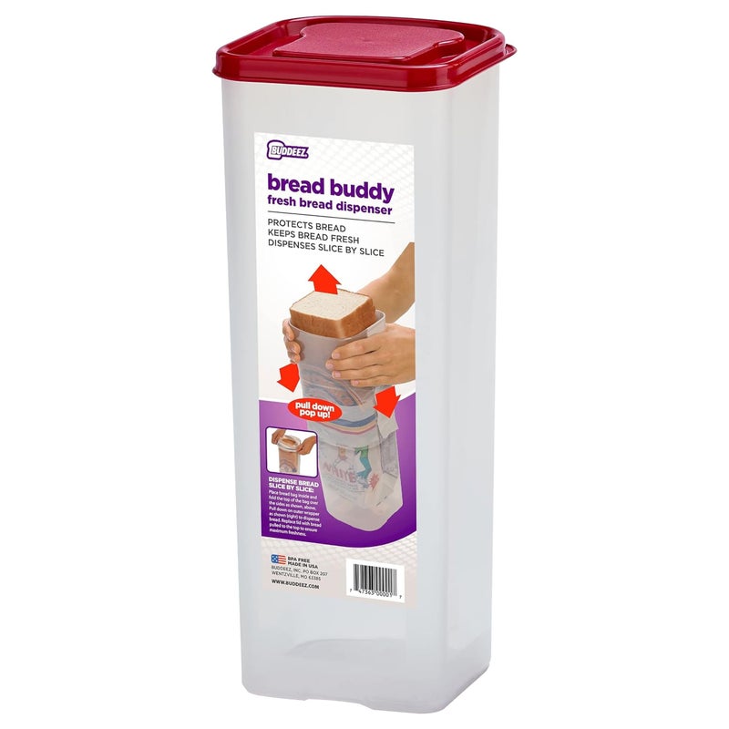 Buddeez Bread Buddy Bread Box - Fresh Bread Storage Container, Plastic Sandwich Bread Dispenser, Red Lid, Pack of 1 - Image 1