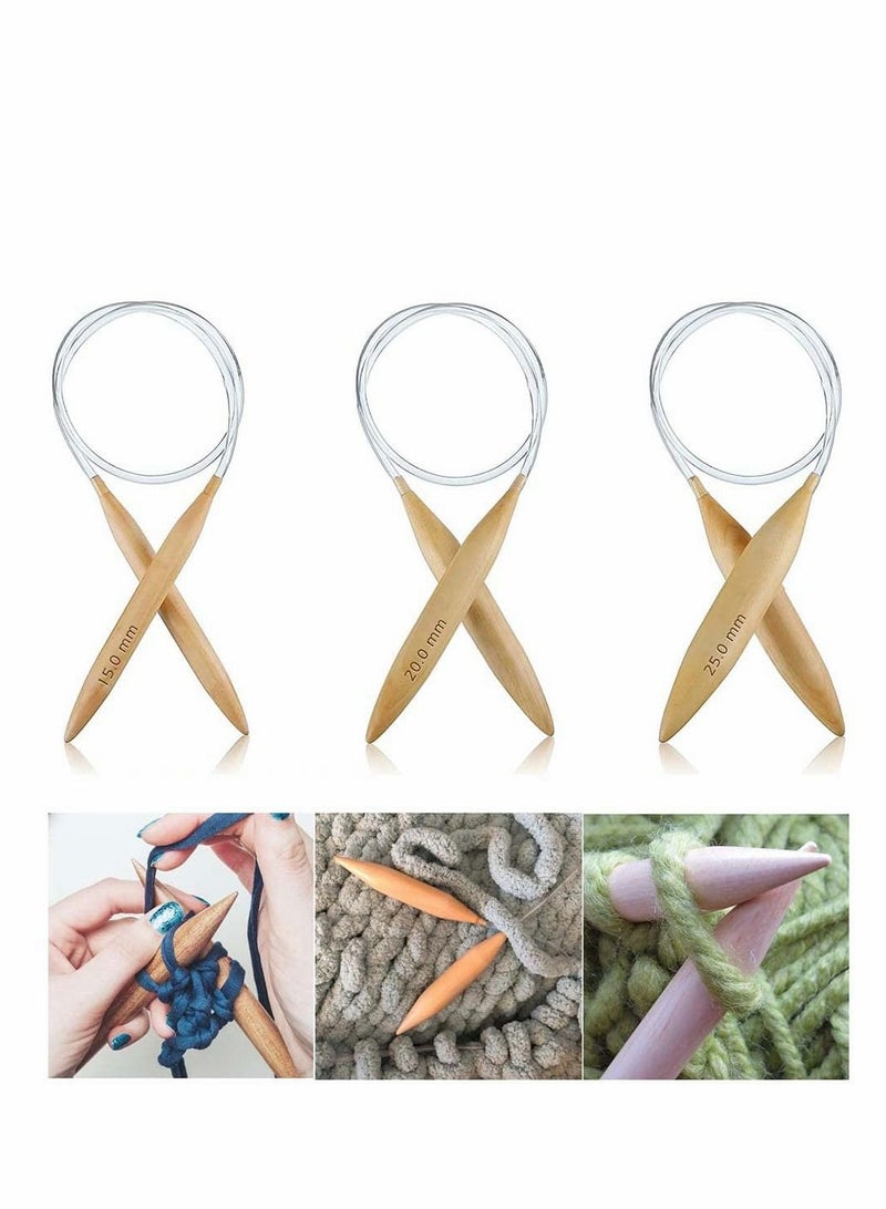 Excefore مجموعة إبر حياكة دائرية خشبية عملاقة، إبر حياكة دائرية كبيرة الحجم، خشب طبيعي، إبر عملاقة للخيط السميك، ٨٠ سم، ٣ قطع - Image 1