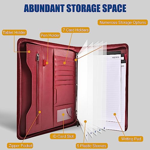 Sbrinnaliao Padfolio Portfolio Folder Binder-Organizer Planner Notebook Zippered Portfolio Padfolio for Women & Men with Document Sleeve,Letter/A4 Size Clipboard,Business Card Holders (Burgundy-3) - Image 2
