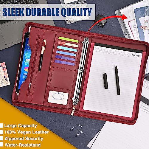 Sbrinnaliao Padfolio Portfolio Folder Binder-Organizer Planner Notebook Zippered Portfolio Padfolio for Women & Men with Document Sleeve,Letter/A4 Size Clipboard,Business Card Holders (Burgundy-3) - Image 4