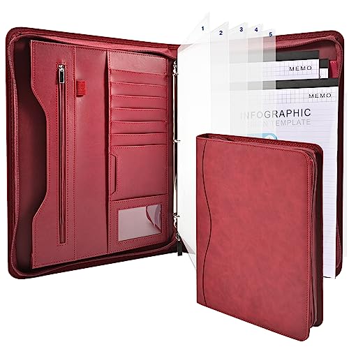 Sbrinnaliao Padfolio Portfolio Folder Binder-Organizer Planner Notebook Zippered Portfolio Padfolio for Women & Men with Document Sleeve,Letter/A4 Size Clipboard,Business Card Holders (Burgundy-3) - Image 1