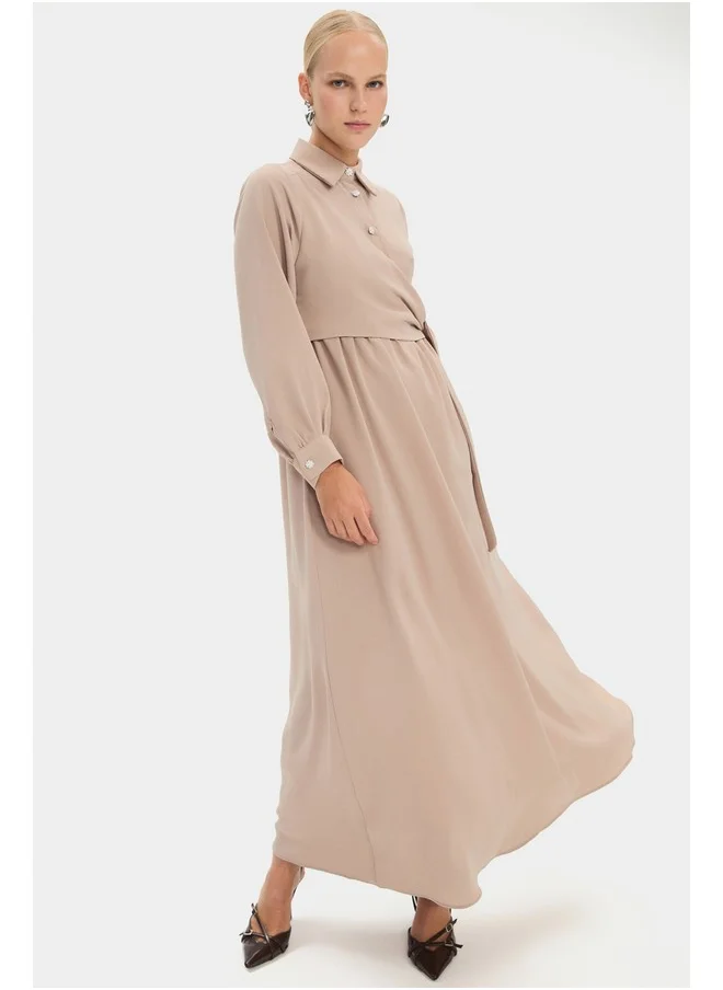 جون June Women Shirt Neck Tie Detailed Maxi Dress Stone