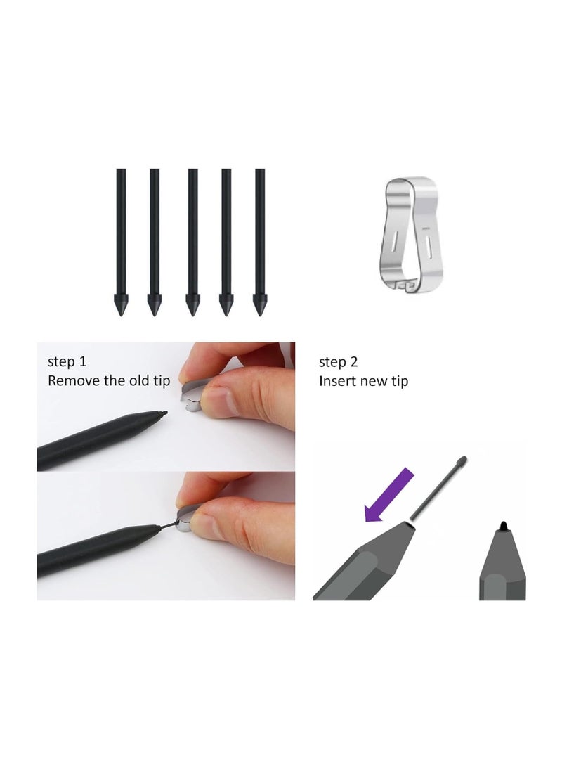 Touch Stylus S Pen Tips Replacement Nibs With Clip For Galaxy S24 S24 Ultra Tab S9 S9U S9FE S Pencil Metal Spare Nib (5 pcs) (Black)