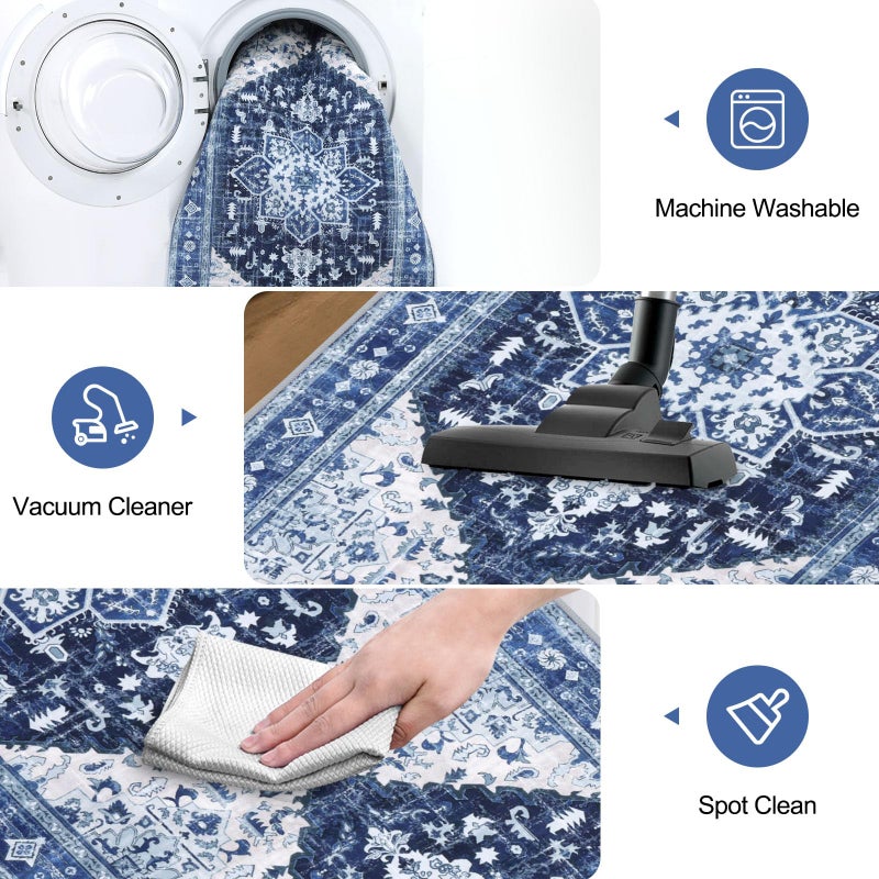Yamaziot Yamaziot Washable Runner Rug  2x10 Non-Slip Boho Vintage Hallway Rug Runner with Rubber Backing  Stain Resistant & Low Pile Faux Wool Distressed Carpet Runner for Kitchen  Laundry  Entrance  Blue  - Image 5