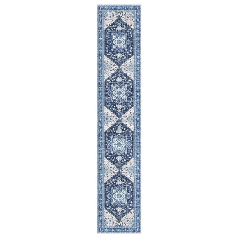 Yamaziot Yamaziot Washable Runner Rug  2x10 Non-Slip Boho Vintage Hallway Rug Runner with Rubber Backing  Stain Resistant & Low Pile Faux Wool Distressed Carpet Runner for Kitchen  Laundry  Entrance  Blue  - Image 2