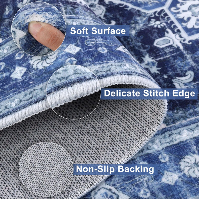 Yamaziot Yamaziot Washable Runner Rug  2x10 Non-Slip Boho Vintage Hallway Rug Runner with Rubber Backing  Stain Resistant & Low Pile Faux Wool Distressed Carpet Runner for Kitchen  Laundry  Entrance  Blue  - Image 3