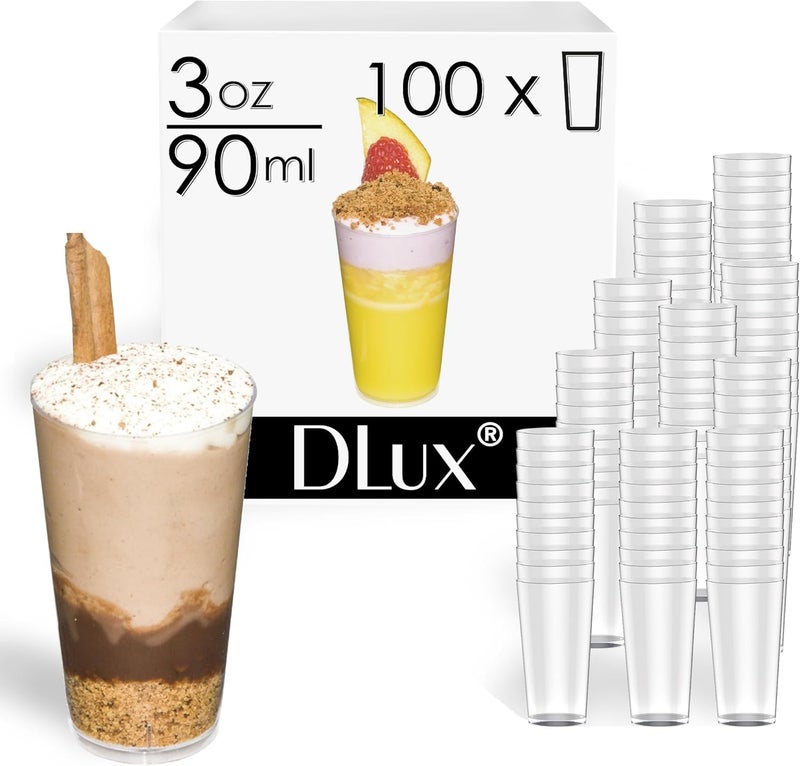 DLux 100 x 3 oz Mini Dessert Cups, Shooter - Clear Plastic Parfait Appetizer Cup - Small Reusable Shooter Glass for Tasting Party Shooters Desserts Appetizers - With Recipe Ebook - Image 1