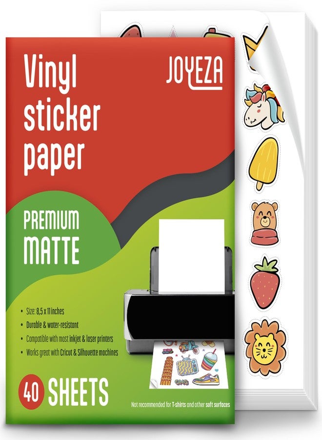 JOYEZA Premium Printable Vinyl Sticker Paper for Inkjet Printer - 40 Sheets Matte White Waterproof, Dries Quickly Vivid Colors, Holds Ink well- Tear Resistant - Inkjet & Laser Printer - Image 1