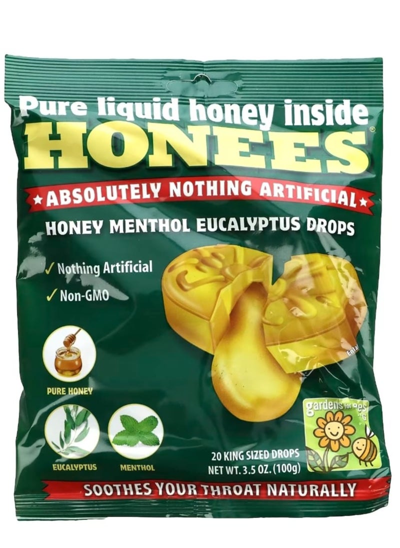 Honees Honey Menthol Eucalyptus Drops 20 King Sized Drops 3.5 oz (100 g) 