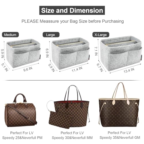 OMYSTYLE Lightgrey XLarge Organizer Insert Felt Tote Bag Organizer Insert with 5 Sizes Handbag Dividers for Inside Purse Compatible with Longchamp Neverful Speedy and More - Image 3