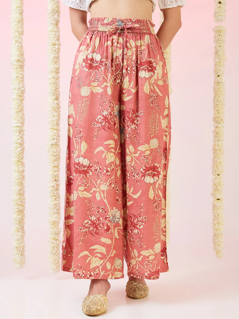 globus Globus Women Floral Print Mid-Rise Elasticated Waist Wide Leg Fusion Palazzos