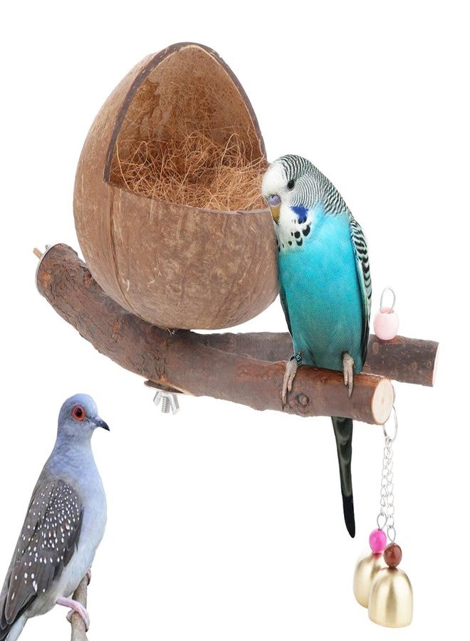 VTurboWay Natural Coconut Shell Bird Nest with Coconut Mat Breeding House Hut Cage with Perch Bell Home for Small Bird Parrot Cockatiel Conure Lovebird Canary Finch - Image 1