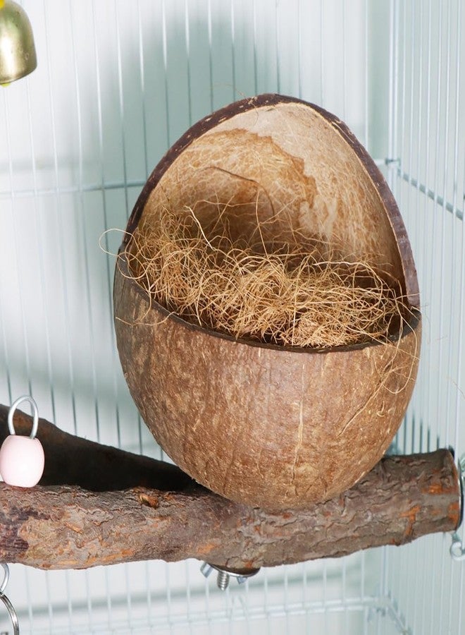 VTurboWay Natural Coconut Shell Bird Nest with Coconut Mat Breeding House Hut Cage with Perch Bell Home for Small Bird Parrot Cockatiel Conure Lovebird Canary Finch - Image 4