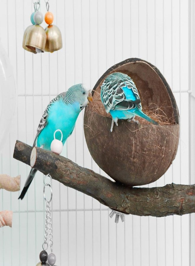 VTurboWay Natural Coconut Shell Bird Nest with Coconut Mat Breeding House Hut Cage with Perch Bell Home for Small Bird Parrot Cockatiel Conure Lovebird Canary Finch - Image 2