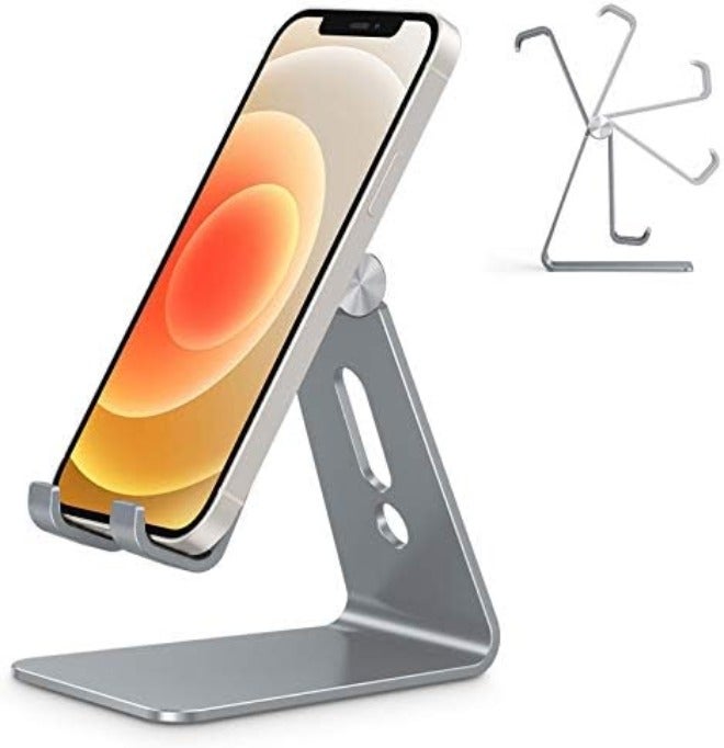 Omoton Adjustable Cell Phone Stand, OMOTON Aluminum Desktop Cellphone Stand with Anti-Slip Base and Convenient Charging Port, Fits All Smart Phones,  Silver - Image 1