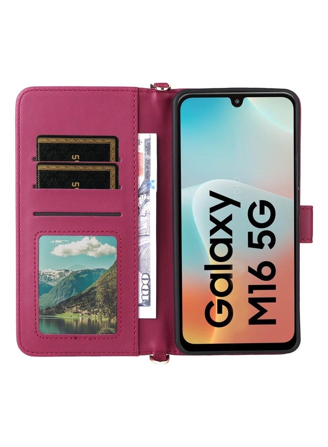 BURAQ Case Cover For Samsung Galaxy M16 5G / F16 5G Multifunctional 6-Card Slots Leather Phone Case with Wrist Strap(Rose Red) - Image 4