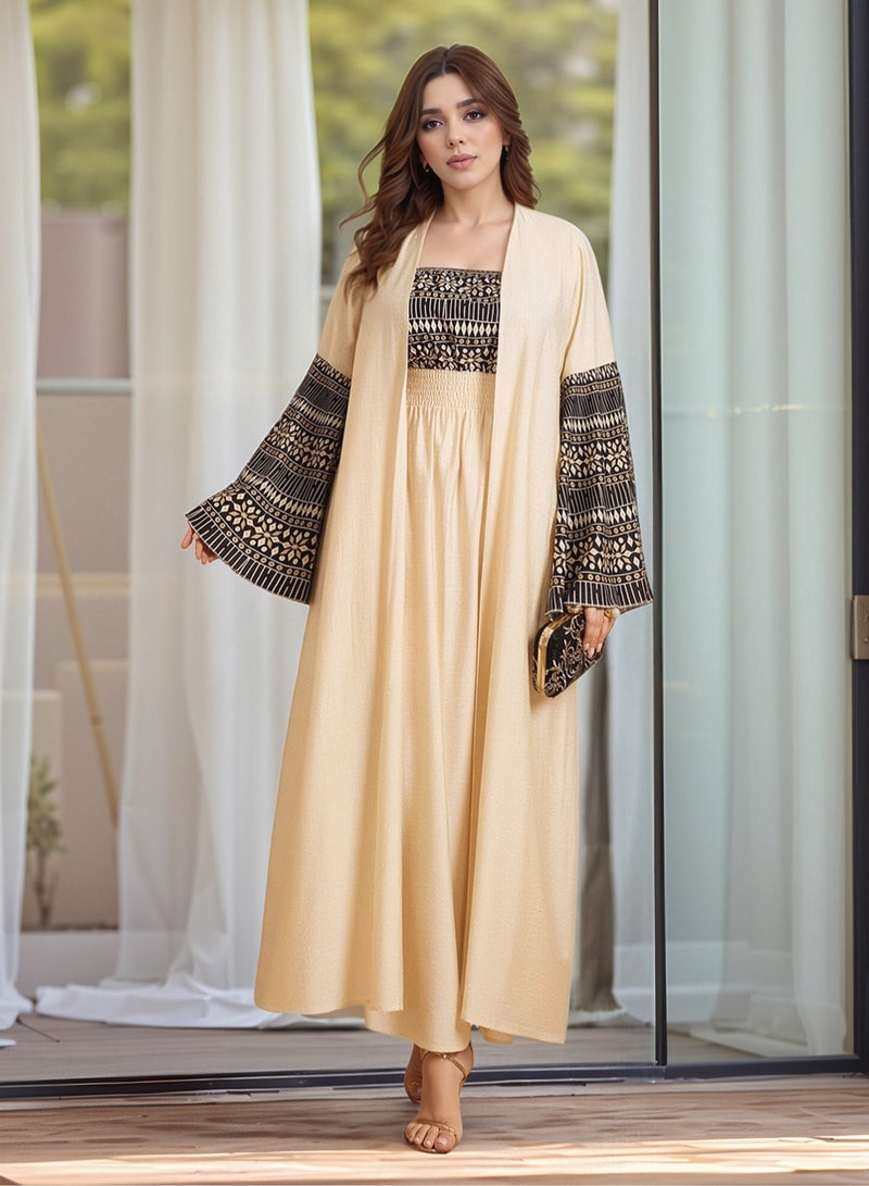 Summer 2-Piece Modest Dress Set with Printed Strap Dress & Flared Sleeve Open Abaya – Elegant Outfit for Daily, Home, Party & Eid Wear  - Image 2