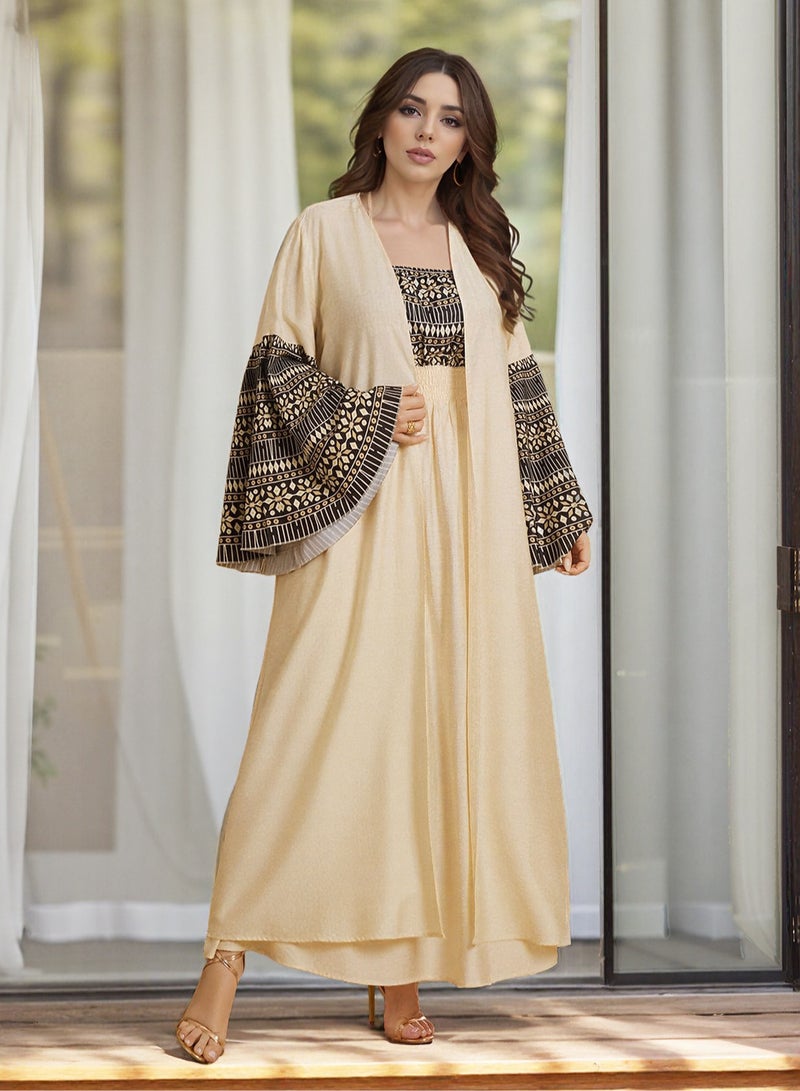 Summer 2-Piece Modest Dress Set with Printed Strap Dress & Flared Sleeve Open Abaya – Elegant Outfit for Daily, Home, Party & Eid Wear  - Image 3