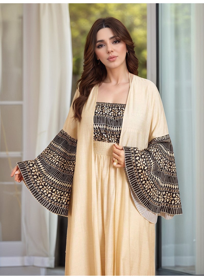 Summer 2-Piece Modest Dress Set with Printed Strap Dress & Flared Sleeve Open Abaya – Elegant Outfit for Daily, Home, Party & Eid Wear  - Image 4