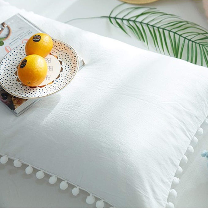 POM POM FRINGE PILLOW CASES TASSEL SHAM SET KING SIZE BEDDING PILLOW COVERS 20X36INCHES SET OF 2 WHITE