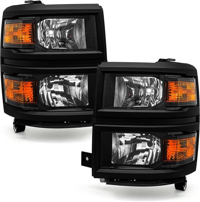 Headlight Assembly For 2014-2015 Chevy Silverado 1500 Black Housing With Amber Reflector Lh+Rh Pair