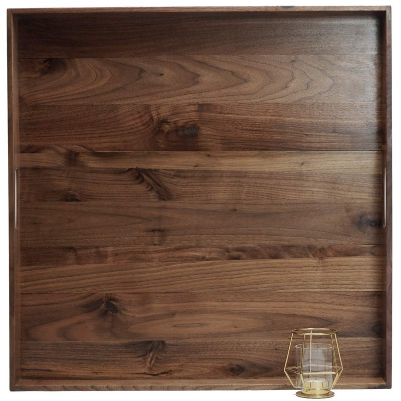 MAGIGO 24 x 24 Inches Extra Large Square Black Walnut Wood Ottoman Tray with Handles Serve Tea Coffee or Breakfast in Bed Classic Wooden Decorative Serving Tray