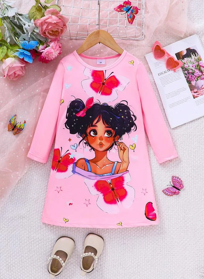 تايك تو فستان بأكمام طويلة وطبعة جرافيك للأطفال