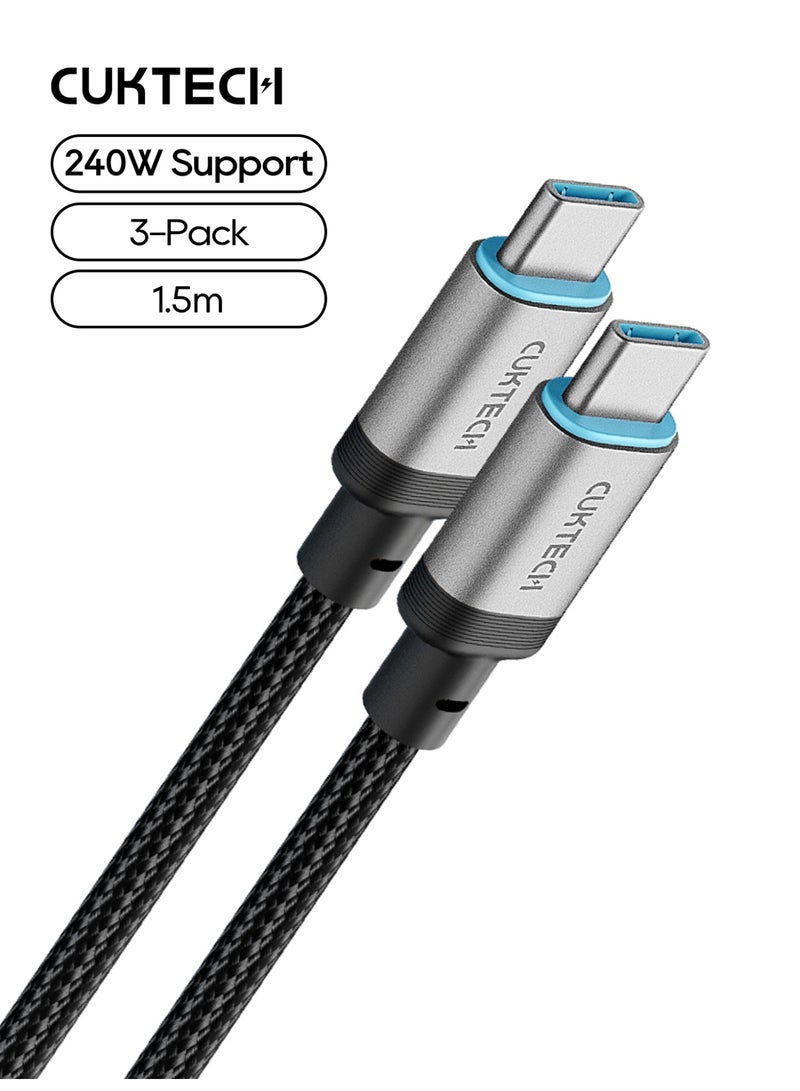 CUKTECH USB C to USB C Cable 3 Pack, 240W Fast Charging Type C Cord 1.5m PD 3.1 High Speed Data Sync Braided Charger Cable For MacBook Pro, Laptops, iPhone, Samsung & iPad - Black - Image 1