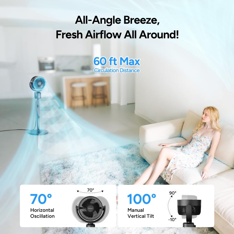 Dr. Prepare DR.PREPARE Pedestal Fan for Bedroom, Air Circulator Standing Fan, 16-34" Adjustable Height for Tabletop & Standing Fan, 70Â°Auto-Oscillation, 100Â°Tilt, 3 Speeds for Indoor Outdoor Use - Office Home - Image 4