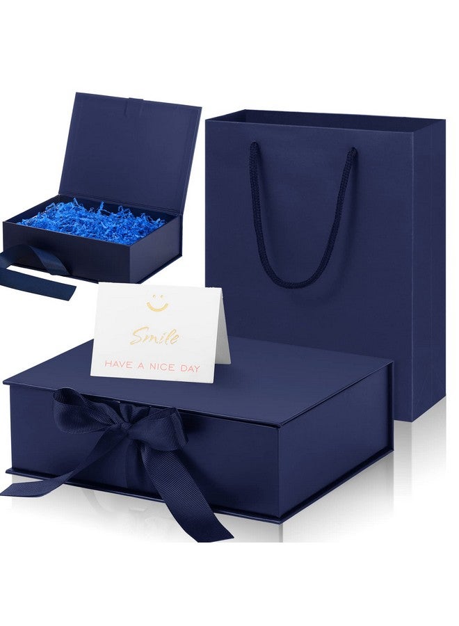 Zonon Luxury Gift Box With Lids Changeable Ribbon 9 X 7 X 3 Inch Paper Bags A Greeting Card And Tissue Paper Luxury Packaging Box Set For Wedding Graduation Birthday Anniversaries(Dark Blue) - Image 1