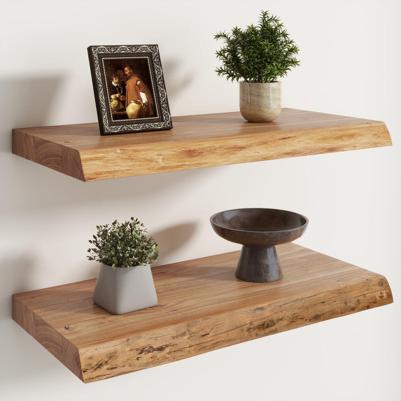 RICHFOCUS Live Edge Elm Floating Shelves - 24" W x 9.3" D Rustic Solid Wood Wall Shelves with Invisible Bracket, Wall-Mounted for Living Room, Bedroom, Kitchen Storage & Display, Set of 2, Natural - Image 1