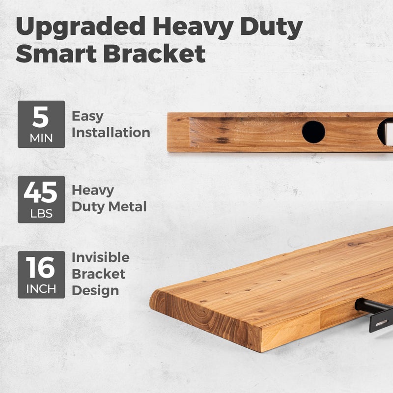 RICHFOCUS Live Edge Elm Floating Shelves - 24" W x 9.3" D Rustic Solid Wood Wall Shelves with Invisible Bracket, Wall-Mounted for Living Room, Bedroom, Kitchen Storage & Display, Set of 2, Natural - Image 5