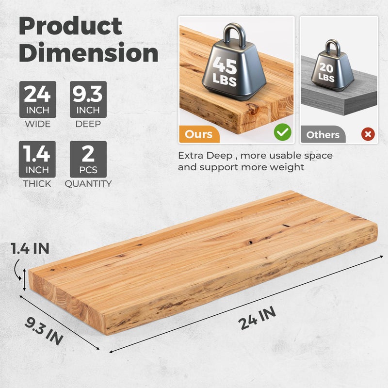 RICHFOCUS Live Edge Elm Floating Shelves - 24" W x 9.3" D Rustic Solid Wood Wall Shelves with Invisible Bracket, Wall-Mounted for Living Room, Bedroom, Kitchen Storage & Display, Set of 2, Natural - Image 2