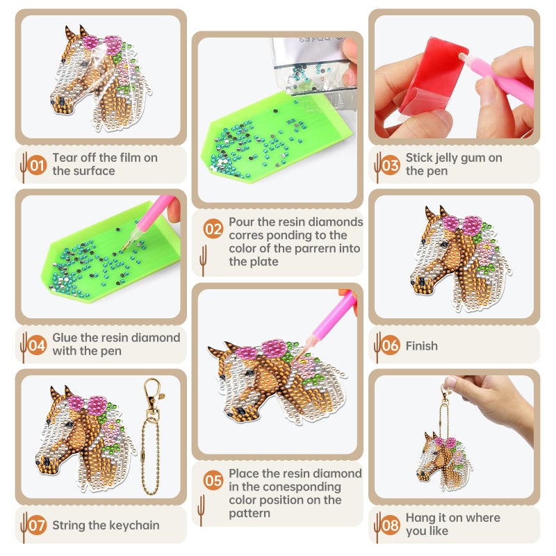 Keluna Diamond Art Horse Keychains - 12 Pcs Diamond Painting Keychains Kits, Western Cowboy Watercolor Flower Horse, DIY Key Chain Crafts Art Kits for Adult - Image 4