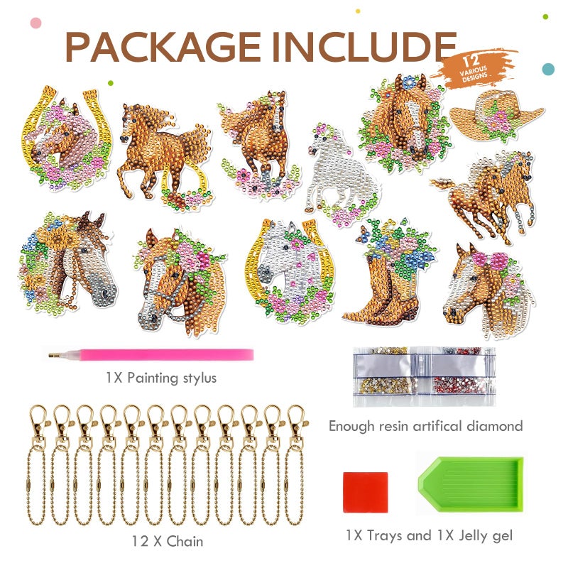 Keluna Diamond Art Horse Keychains - 12 Pcs Diamond Painting Keychains Kits, Western Cowboy Watercolor Flower Horse, DIY Key Chain Crafts Art Kits for Adult - Image 3
