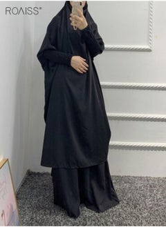 roaiss Women's Casual Hooded Loose Suit Large Hem Circumference Solid Color Gown Elastic Belt Fashion Skirt 2 Piece Classic National Worship Dress  - Image 5