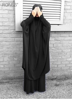 roaiss Women's Casual Hooded Loose Suit Large Hem Circumference Solid Color Gown Elastic Belt Fashion Skirt 2 Piece Classic National Worship Dress  - Image 4