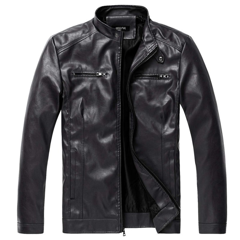 WULFUL Mens Stand Collar Leather Jacket Motorcycle Lightweight Faux Leather Outwear