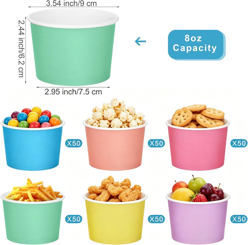Aodaer 300 Pack Paper Ice Cream Cups 8oz Paper Snack Ice Cream Bowls Disposable Dessert Bowls for Hot or Cold Food Party Supplies Treat Cups for Sundae, Frozen Yogurt, Soup, 6 Colors - Image 2