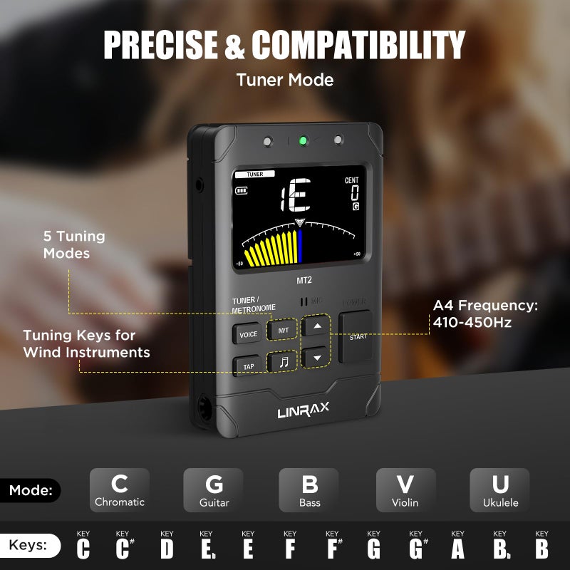 Linrax MT2 Rechargeable Metronome Tuner, 3 in 1 Digital Metronome Tuner Tone Generator for Guitar Bass Ukulele Violin Saxophone Trumpet Clarinet Flute, Voice Beat, Chromatic Tuner for All Instruments - Image 3