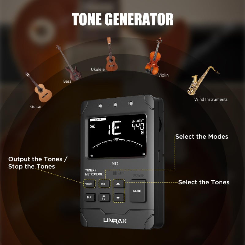 Linrax MT2 Rechargeable Metronome Tuner, 3 in 1 Digital Metronome Tuner Tone Generator for Guitar Bass Ukulele Violin Saxophone Trumpet Clarinet Flute, Voice Beat, Chromatic Tuner for All Instruments - Image 5