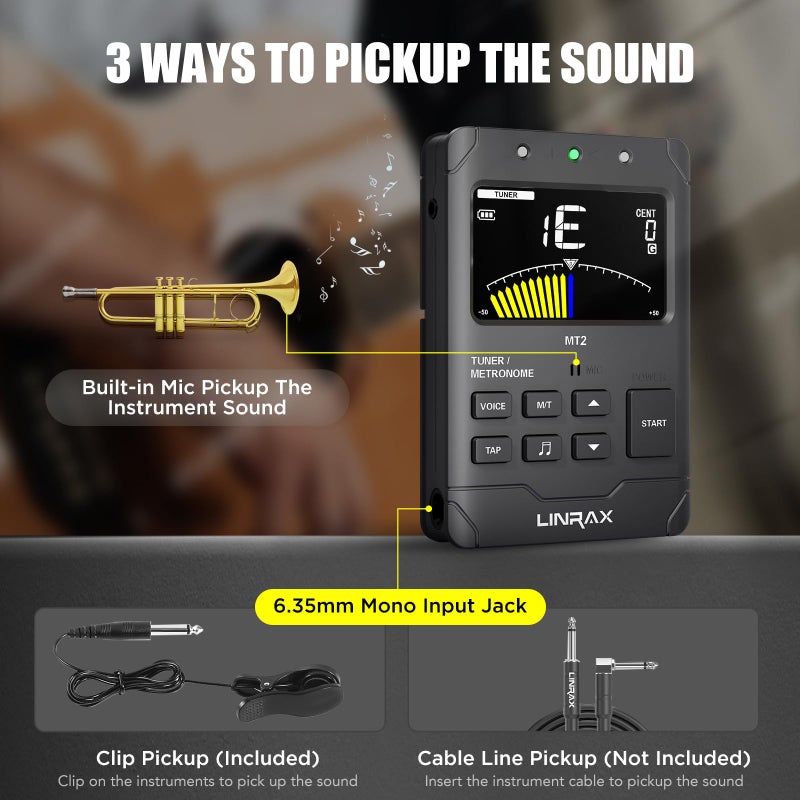 Linrax MT2 Rechargeable Metronome Tuner, 3 in 1 Digital Metronome Tuner Tone Generator for Guitar Bass Ukulele Violin Saxophone Trumpet Clarinet Flute, Voice Beat, Chromatic Tuner for All Instruments - Image 2