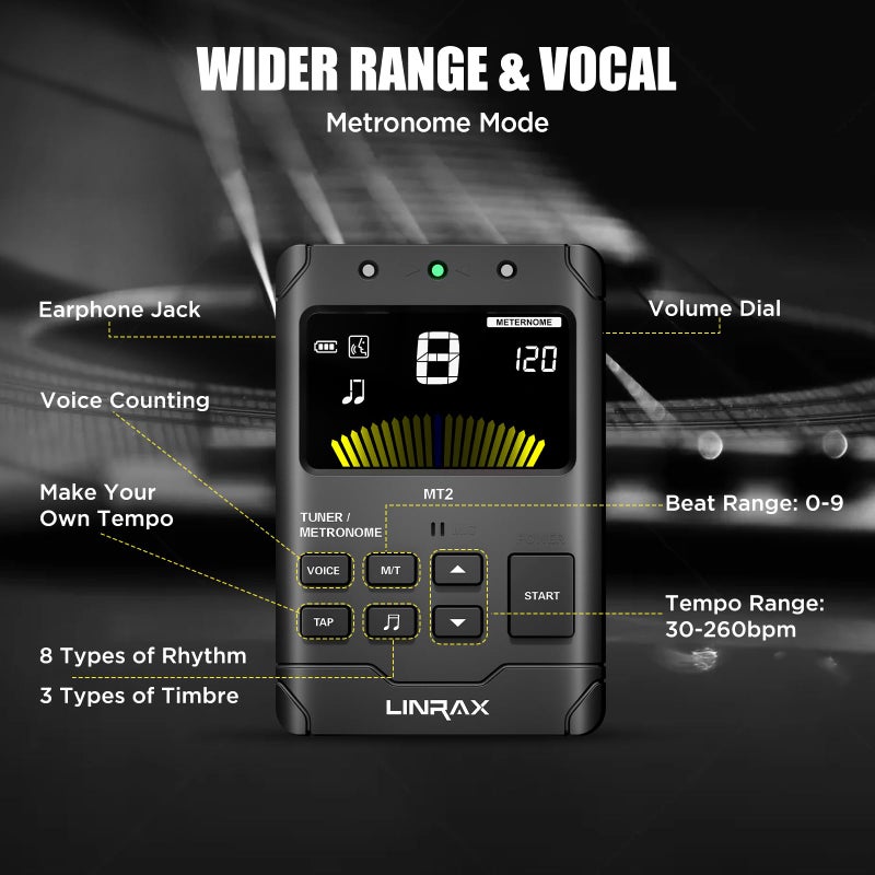 Linrax MT2 Rechargeable Metronome Tuner, 3 in 1 Digital Metronome Tuner Tone Generator for Guitar Bass Ukulele Violin Saxophone Trumpet Clarinet Flute, Voice Beat, Chromatic Tuner for All Instruments - Image 4
