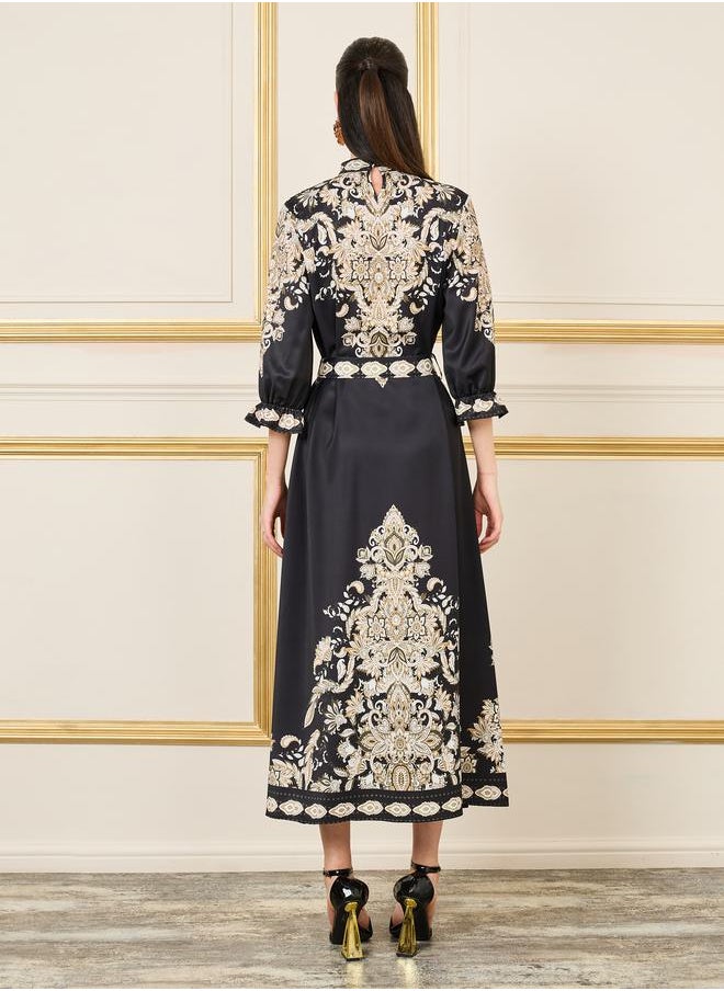 Styli - Baroque Print High Neck Maxi Dress with Self Tie Up - Image 1