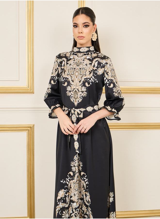 Styli - Baroque Print High Neck Maxi Dress with Self Tie Up - Image 1