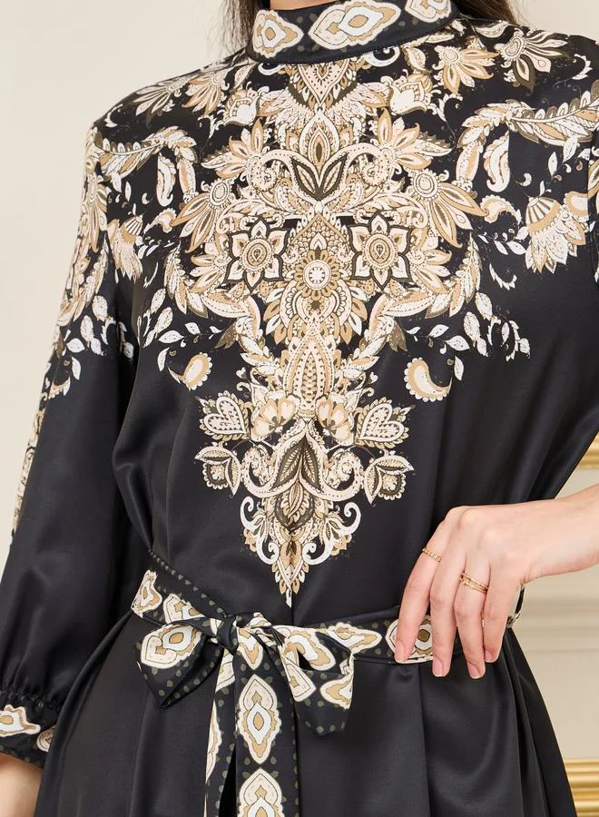 Styli Baroque Print High Neck Maxi Dress with Self Tie Up