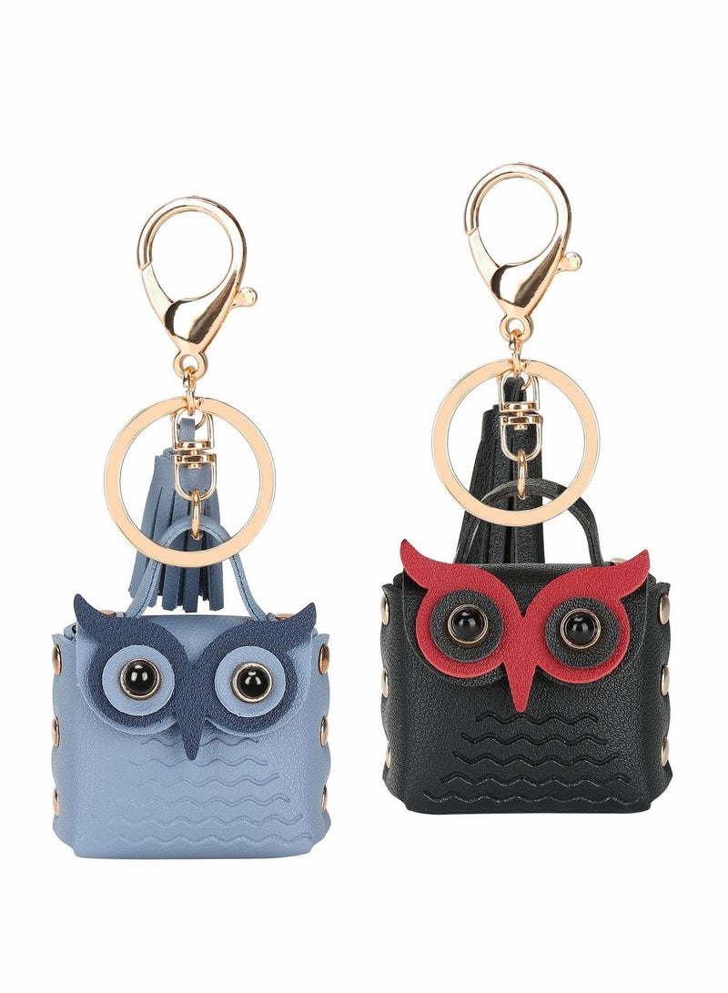 Y&D Owl Cute Keychain Leather with Lobster Clasp Keyring Tassel Coin Purse for Women Men kids Bandbag Backpack Wallet Decor Gift 2Pcs(Black + Blue) - Image 1