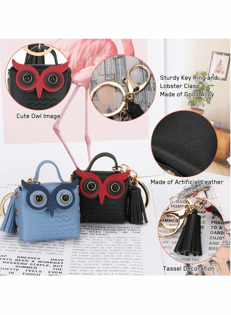 Y&D Owl Cute Keychain Leather with Lobster Clasp Keyring Tassel Coin Purse for Women Men kids Bandbag Backpack Wallet Decor Gift 2Pcs(Black + Blue) - Image 3