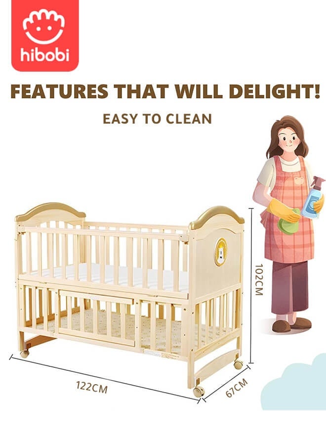 Luxury 6-in-1 Multifunctional Baby Crib | Natural New Zealand Pine | Paint-Free & Formaldehyde-Free | 360° Swivel Wheels | With Mosquito Net | Large Storage | For Ages 0–6